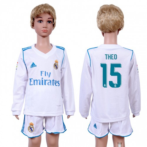 Real Madrid #15 Theo Home Long Sleeves Kid Soccer Club Jersey - Click Image to Close